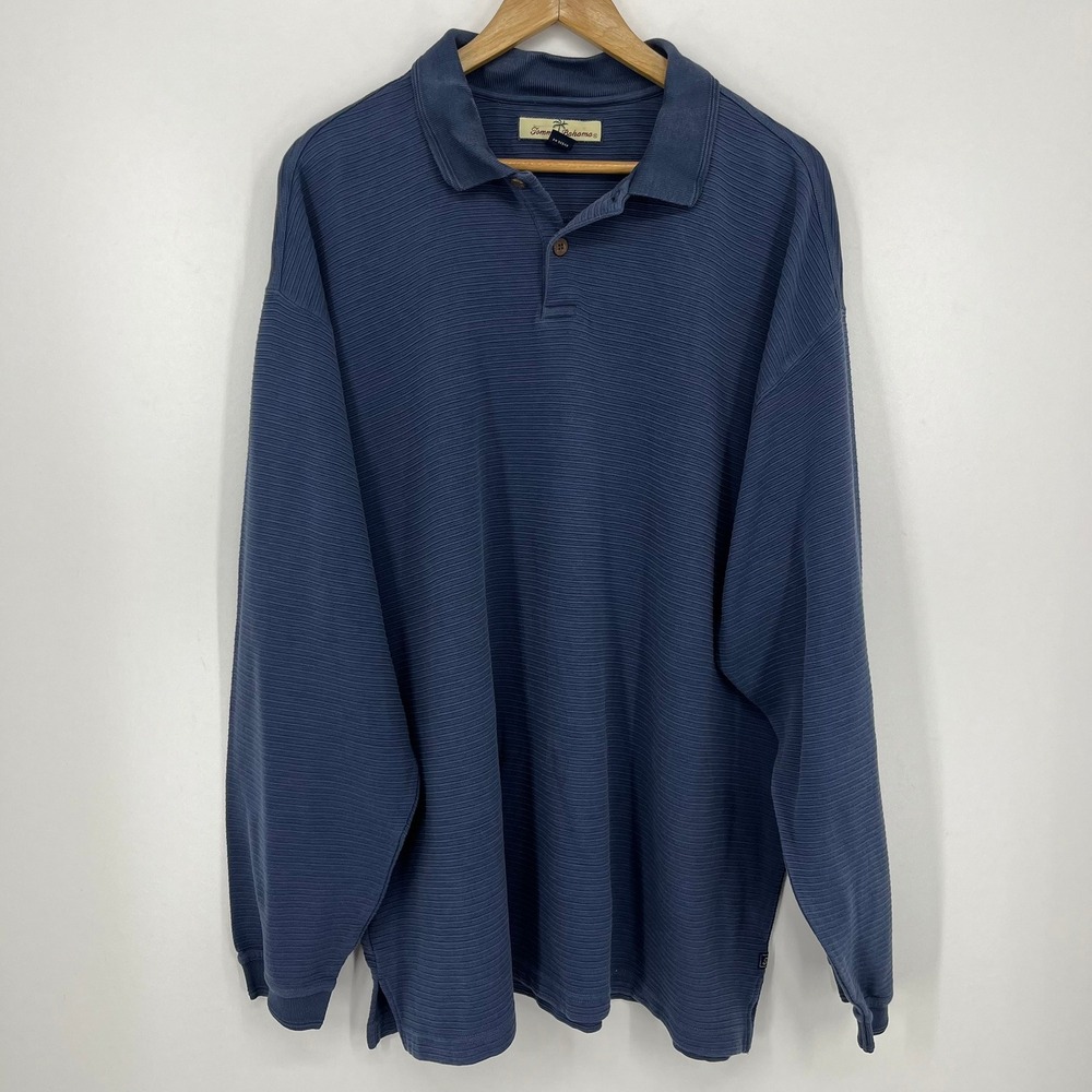 Tommy Bahama Mens XXL Blue Silk Cotton Textured Long Sleeve Polo Shirt